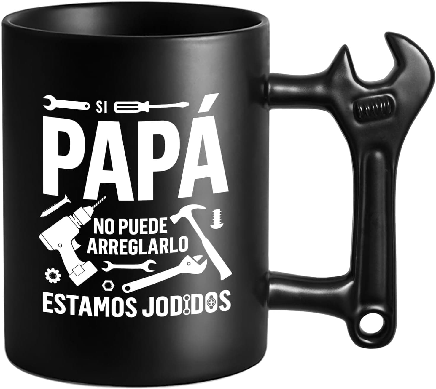 Taza negra de 350 ml con el asa moldeada en forma de llave inglesa