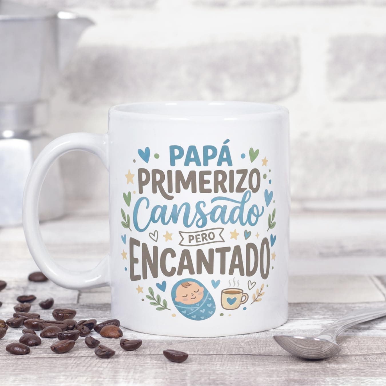 Taza de cerámica de 330 ml con la frase Papá primerizo, cansado pero encantado, en español