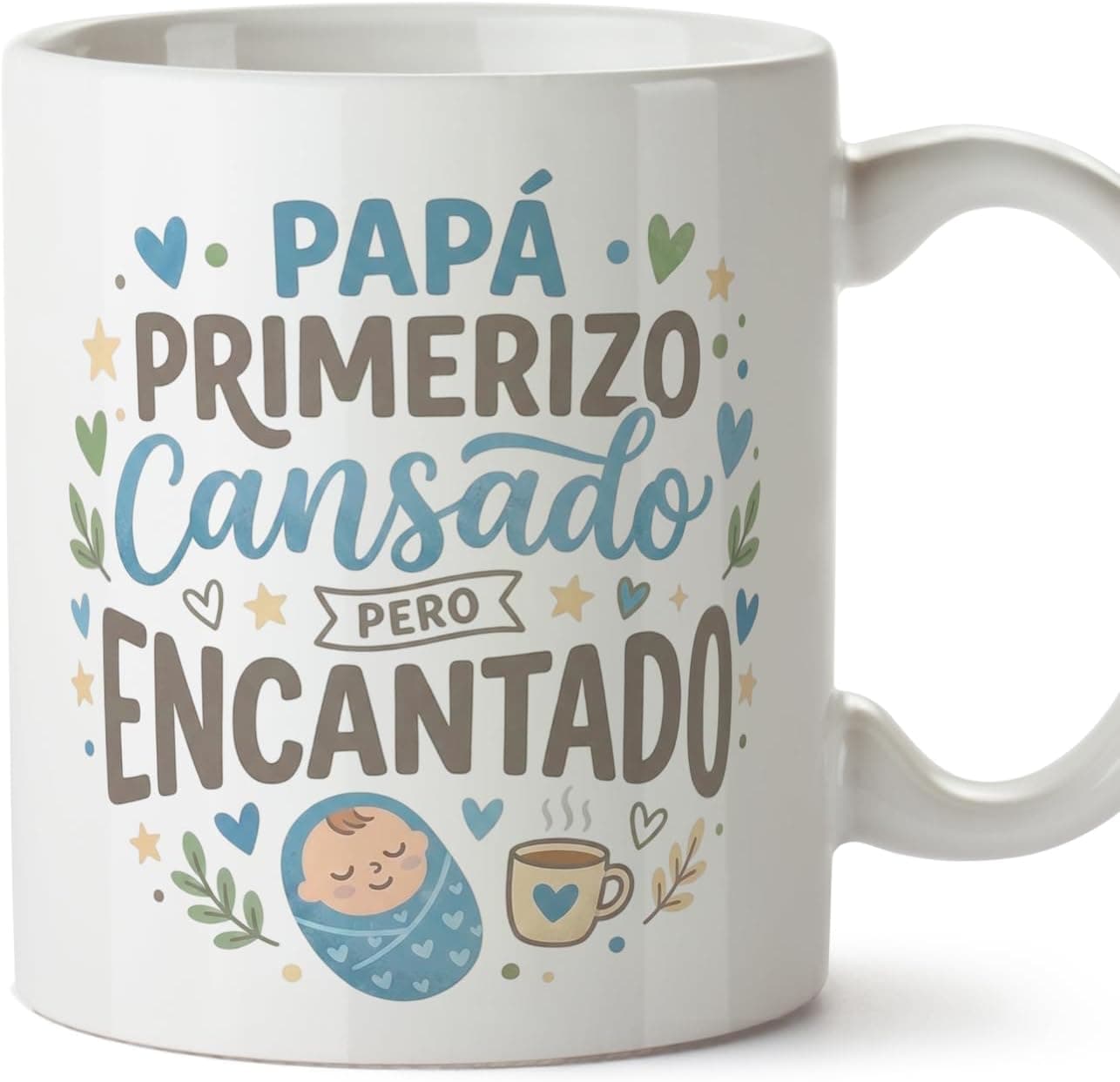 Taza de cerámica de 330 ml con la frase Papá primerizo, cansado pero encantado, en español