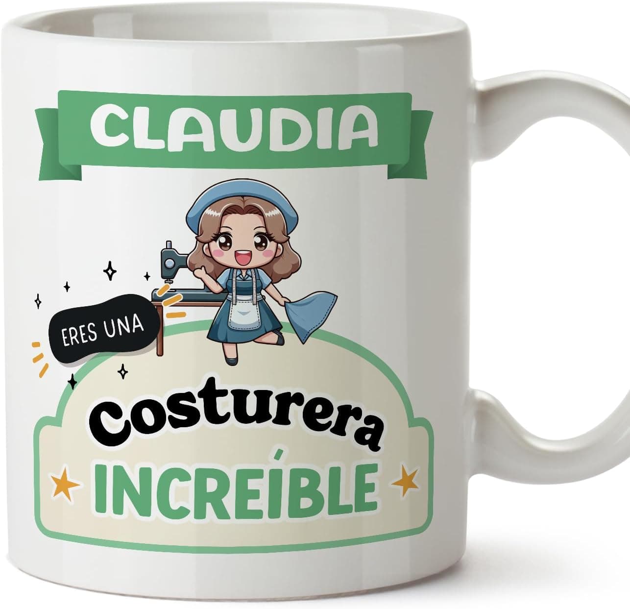 Taza blanca de estilo kawaii con el mensaje «eres increíble» para costurera