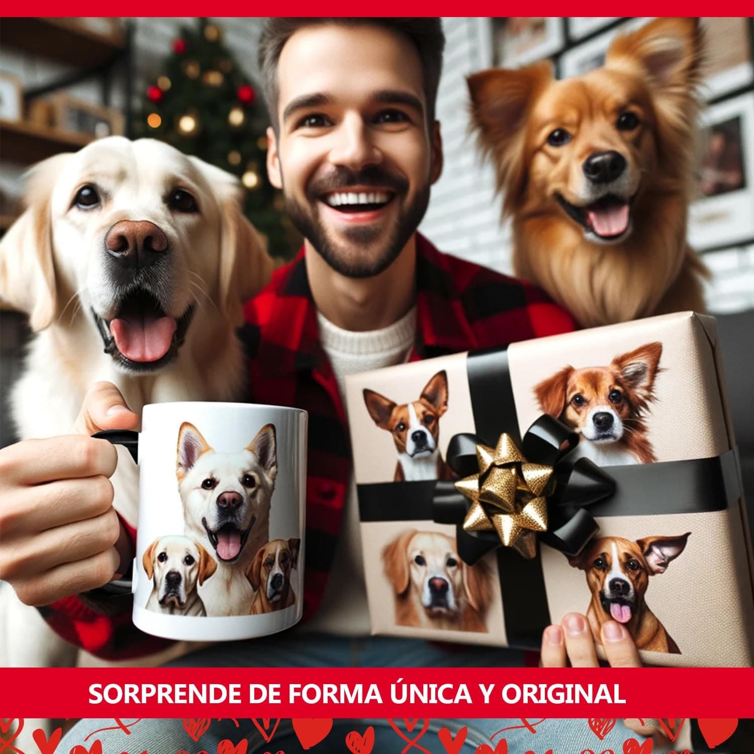 Una taza impresa con las fotos de tres perros, sostenida junto a un paquete envuelto con las mismas imágenes