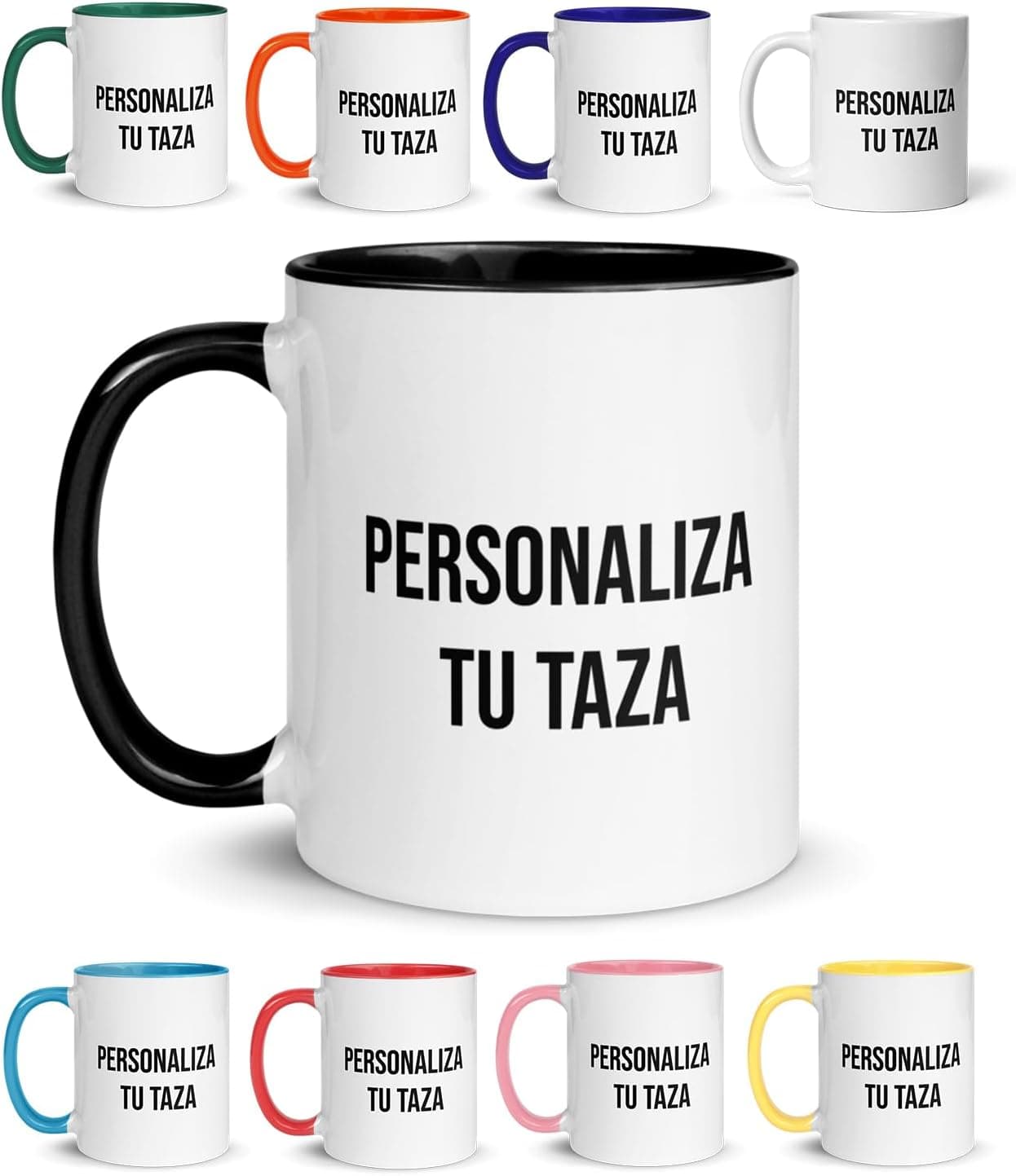 Una taza impresa con las fotos de tres perros, sostenida junto a un paquete envuelto con las mismas imágenes
