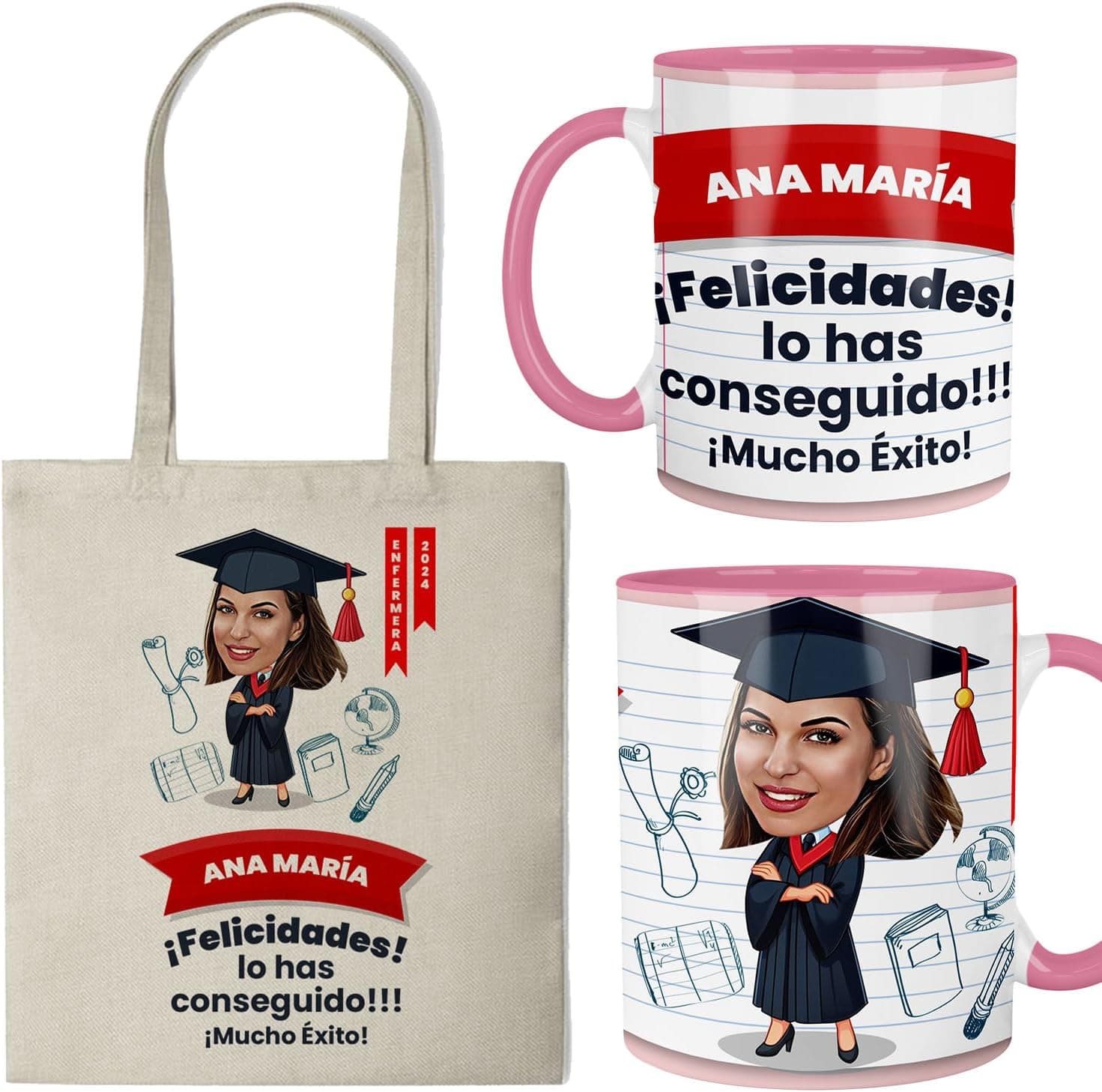 Taza personalizada de graduación con nombre y caricatura, junto a su bolsa a juego