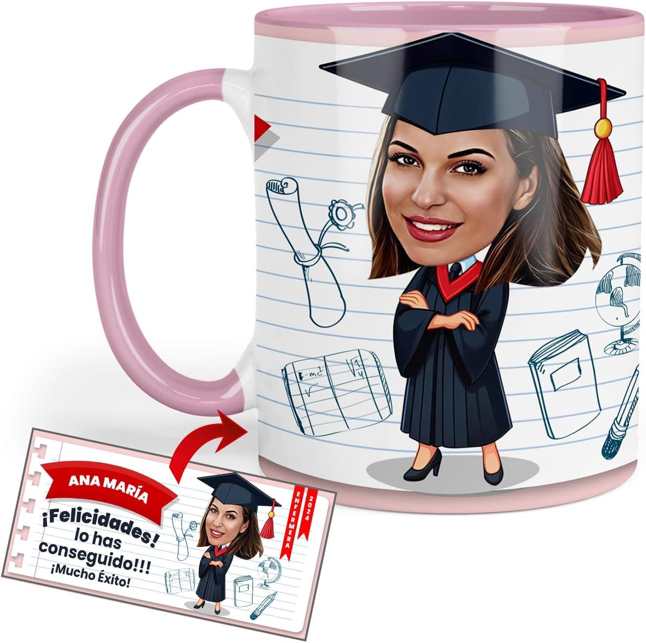 Taza personalizada con una caricatura de mujer en toga y birrete a partir de una foto real, con mensaje de felicidades por la graduación