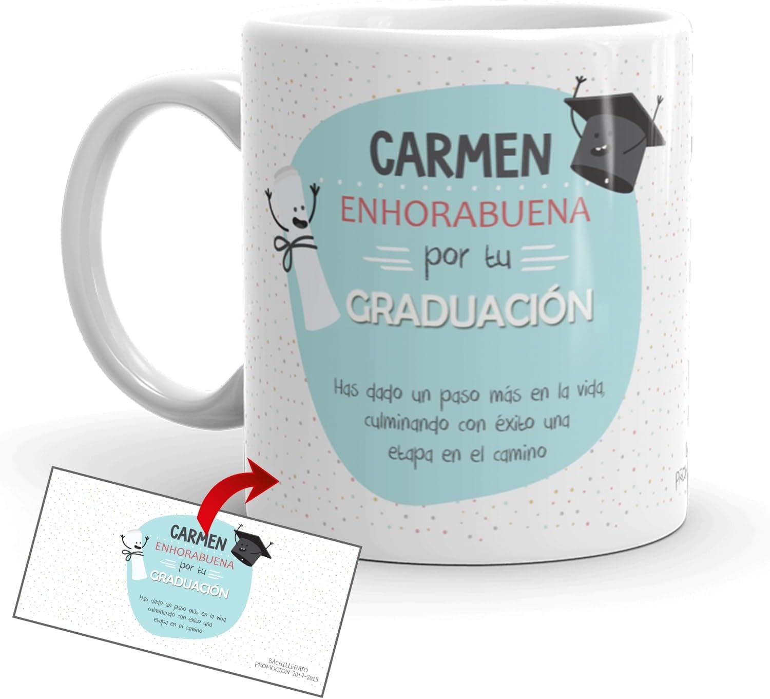 Taza de cerámica personalizada con el nombre Carmen y el mensaje enhorabuena por tu graduación