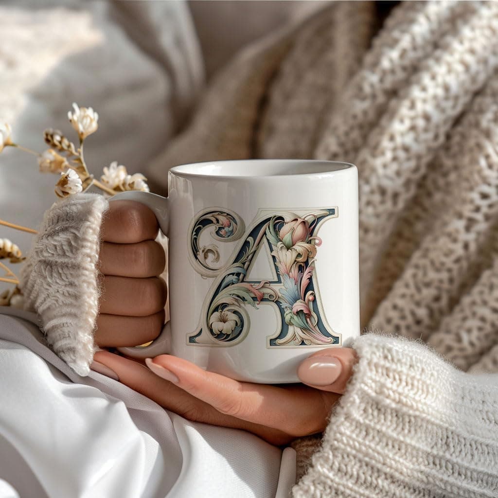 Taza personalizada con la inicial del nombre, motivo floral, foto 2