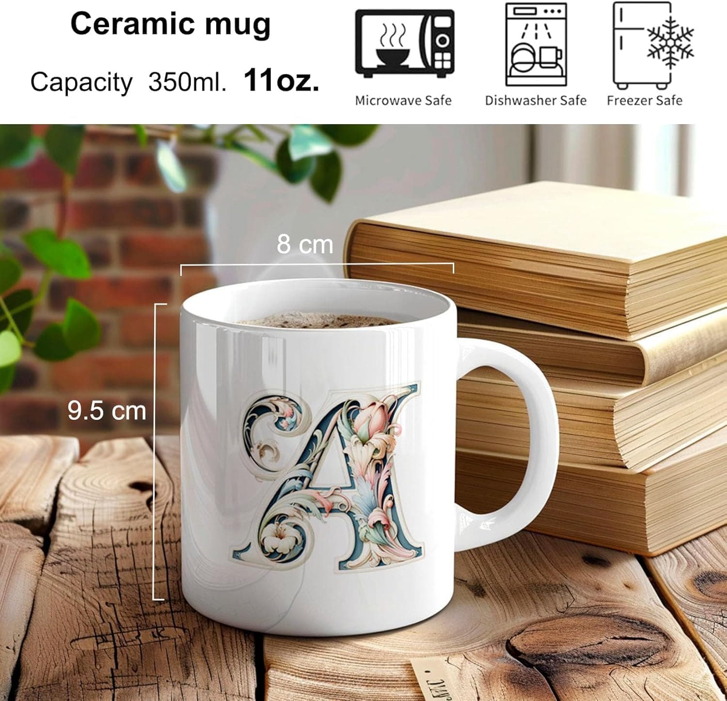 Taza personalizada con la inicial del nombre, motivo floral, foto 3
