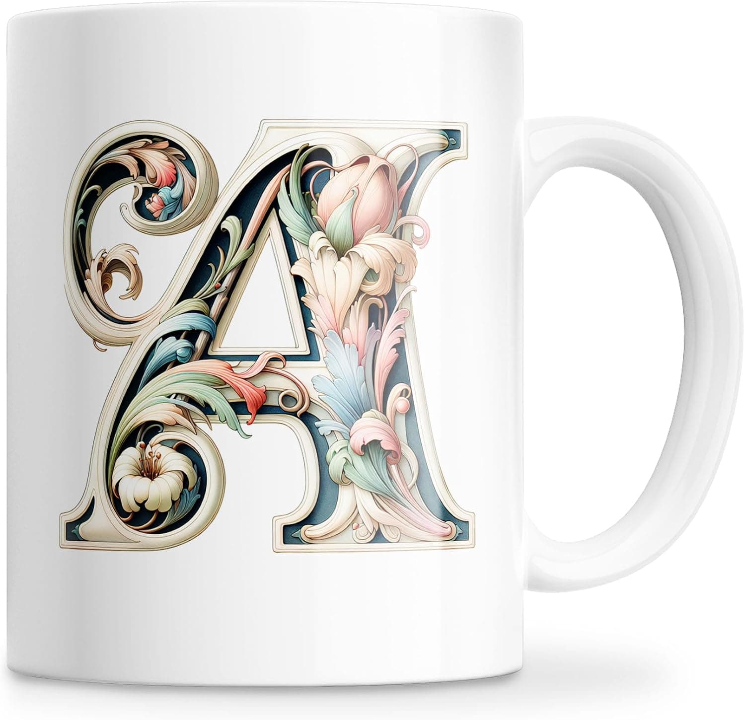 Taza blanca con la letra A ilustrada en estilo vintage, decorada con rosas y hojas en tonos pastel