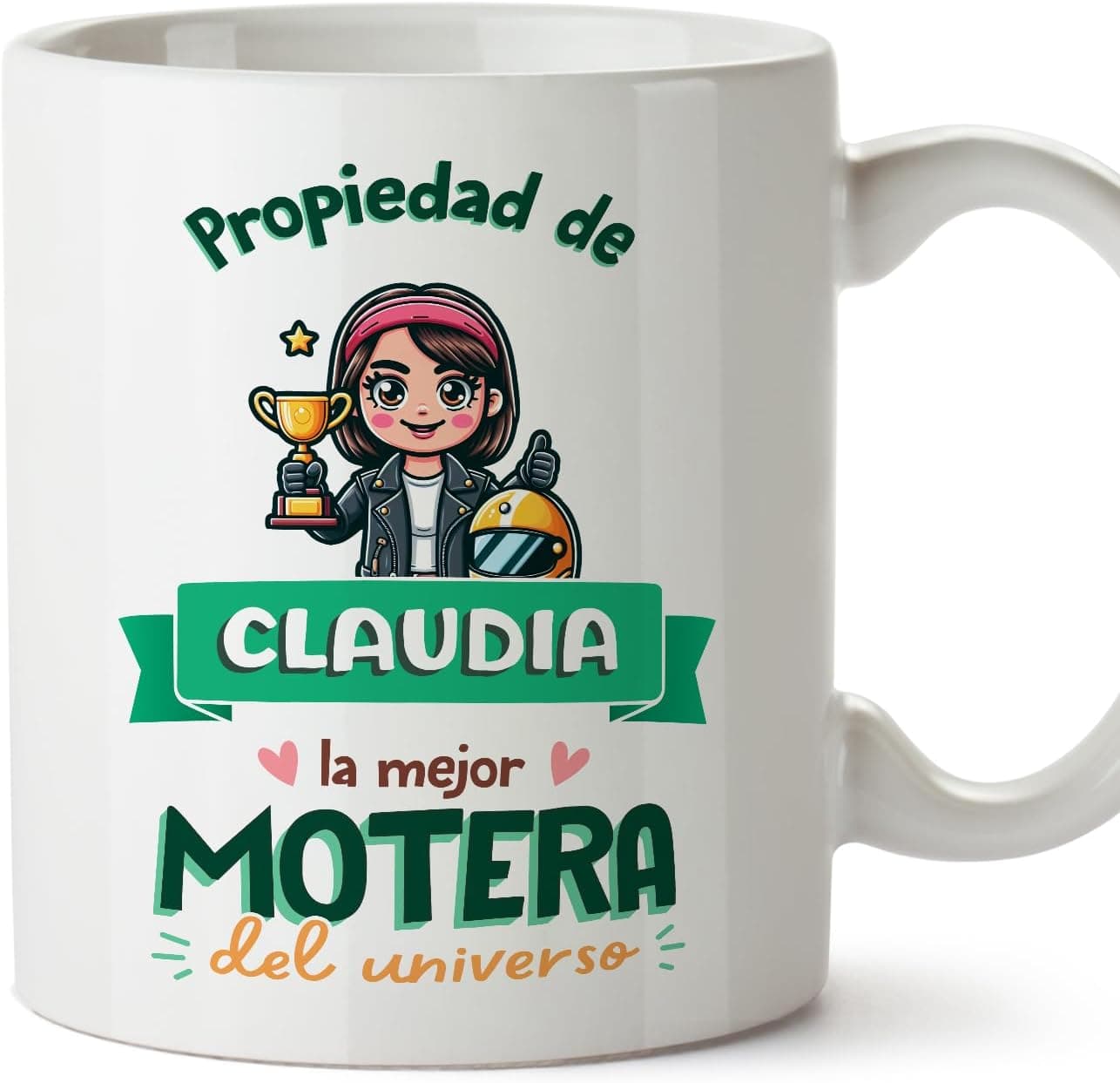 Taza blanca personalizada "Propiedad de Claudia, la mejor motera del universo" de MUGFFINS