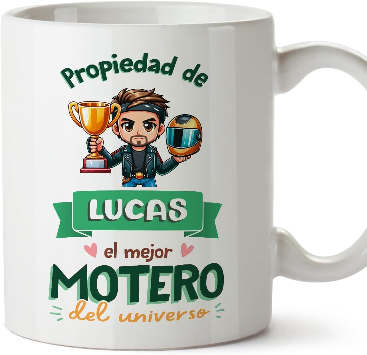 Taza blanca personalizada "Propiedad de Lucas, el mejor motero del universo" de MUGFFINS