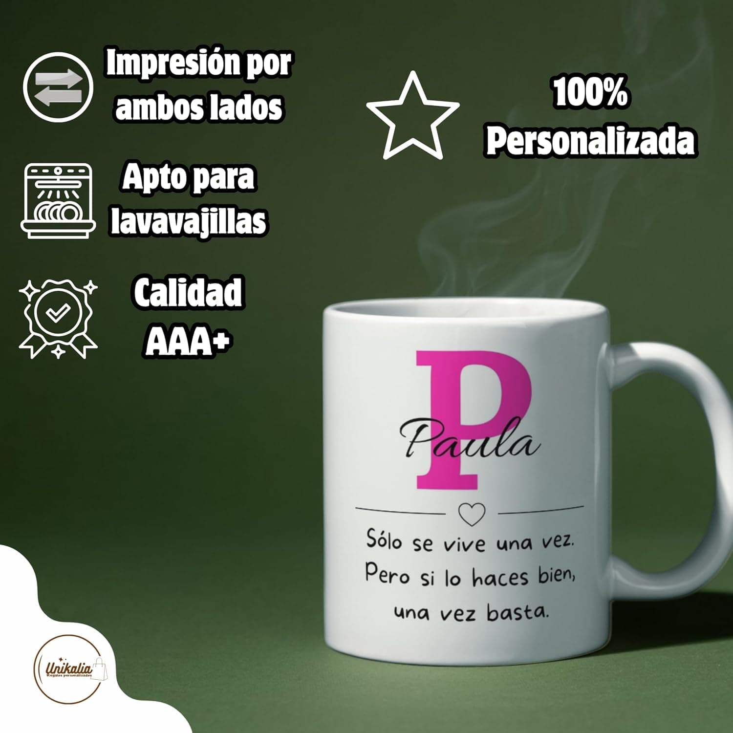 Taza personalizada con nombre, inicial y frase, de UNIKALIA, foto 3
