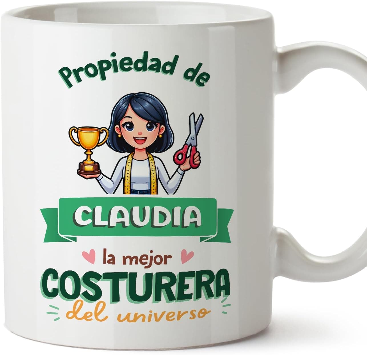 Taza blanca personalizable con el mensaje «propiedad de» y motivo de costura