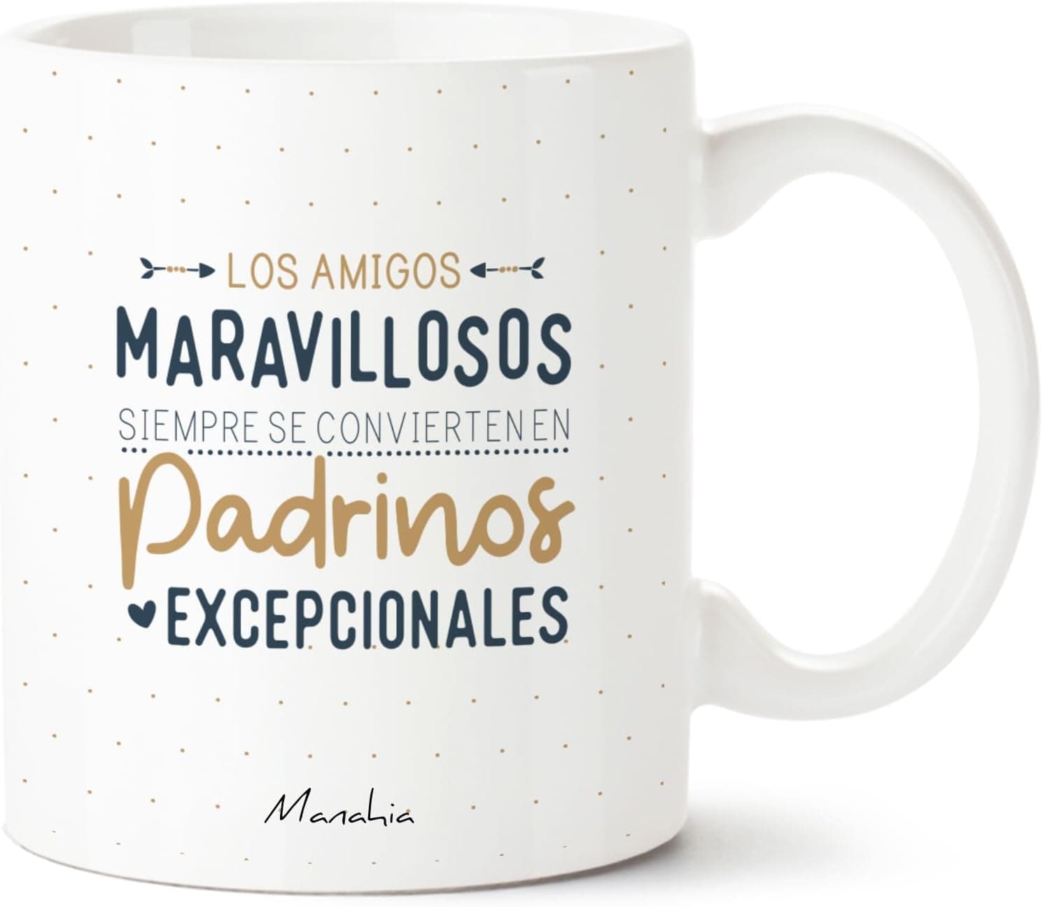 Taza blanca con «los amigos maravillosos siempre se convierten en padrinos excepcionales» en azul marino y dorado sobre un fondo de topos, firmada Manahia