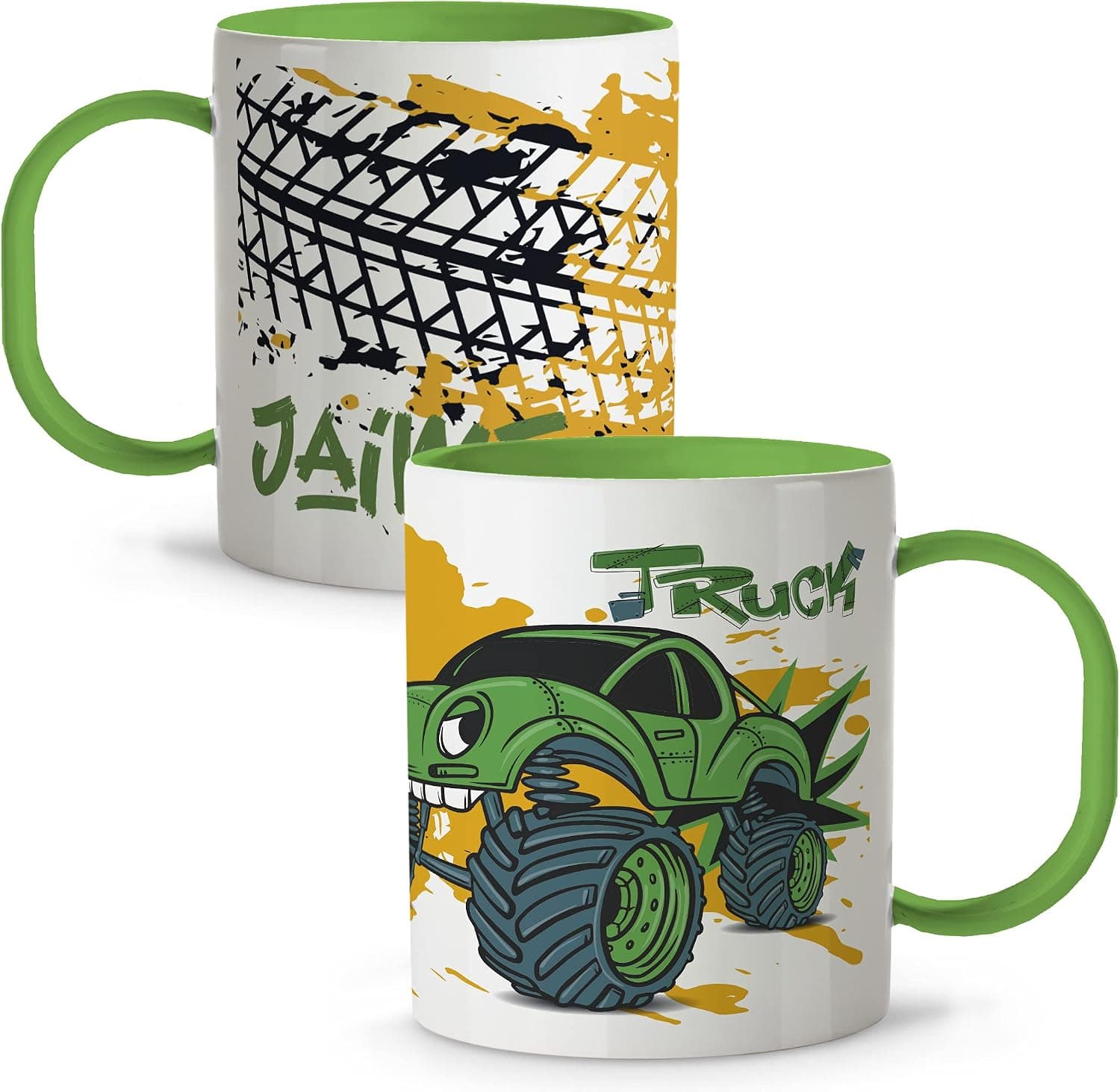 Taza de plástico duro infantil personalizada con nombre y dibujo, sobre fondo blanco