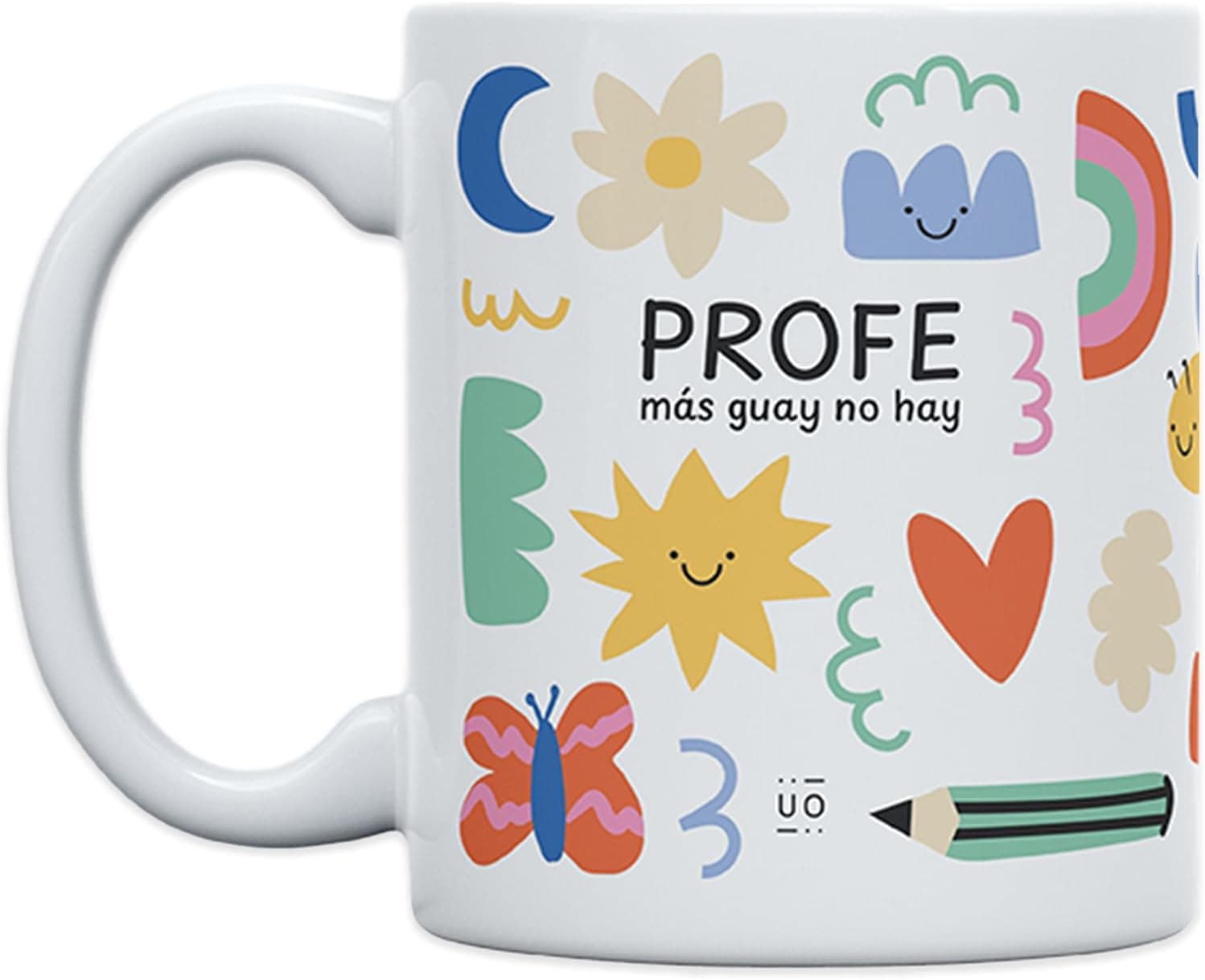Taza de cerámica con diseño colorido de doodles y el mensaje «profe más guay no hay»