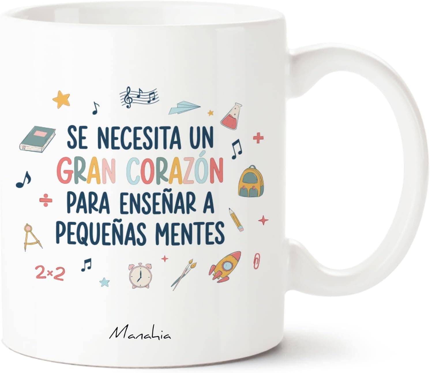 Taza de cerámica para profesora con la frase impresa, junto a su caja kraft