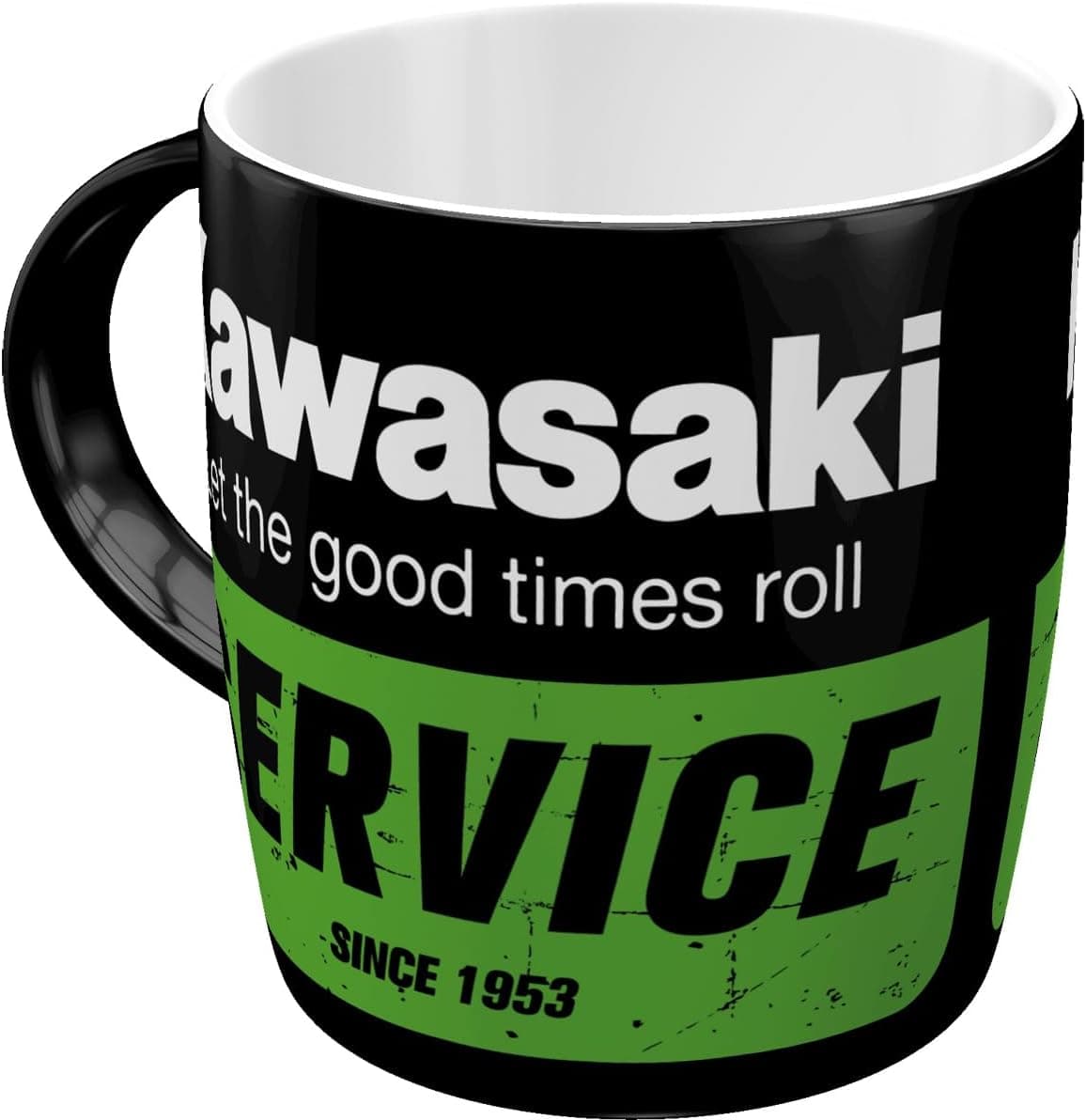 Taza negra y verde con el diseño vintage oficial "Kawasaki Service" de Nostalgic-Art