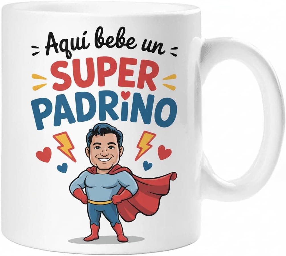 Taza de cerámica de 325 ml con diseño de superhéroe y el mensaje "Super Padrino"