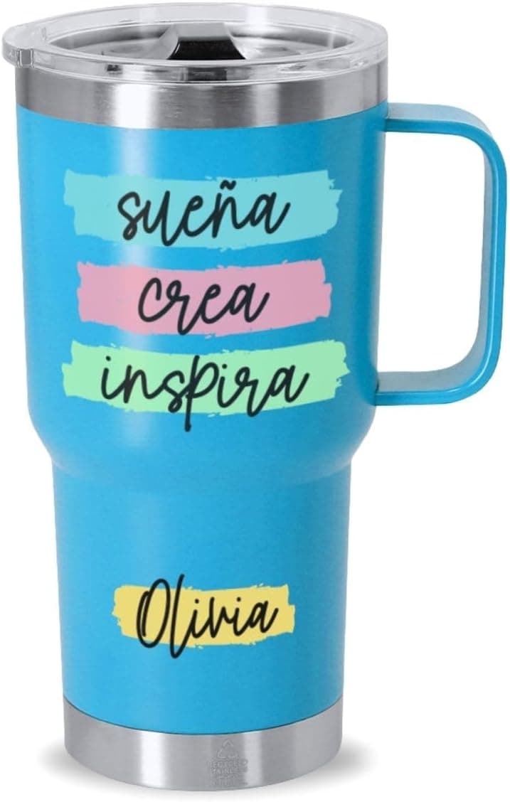 Taza térmica de acero inoxidable personalizada con el nombre y una frase motivadora
