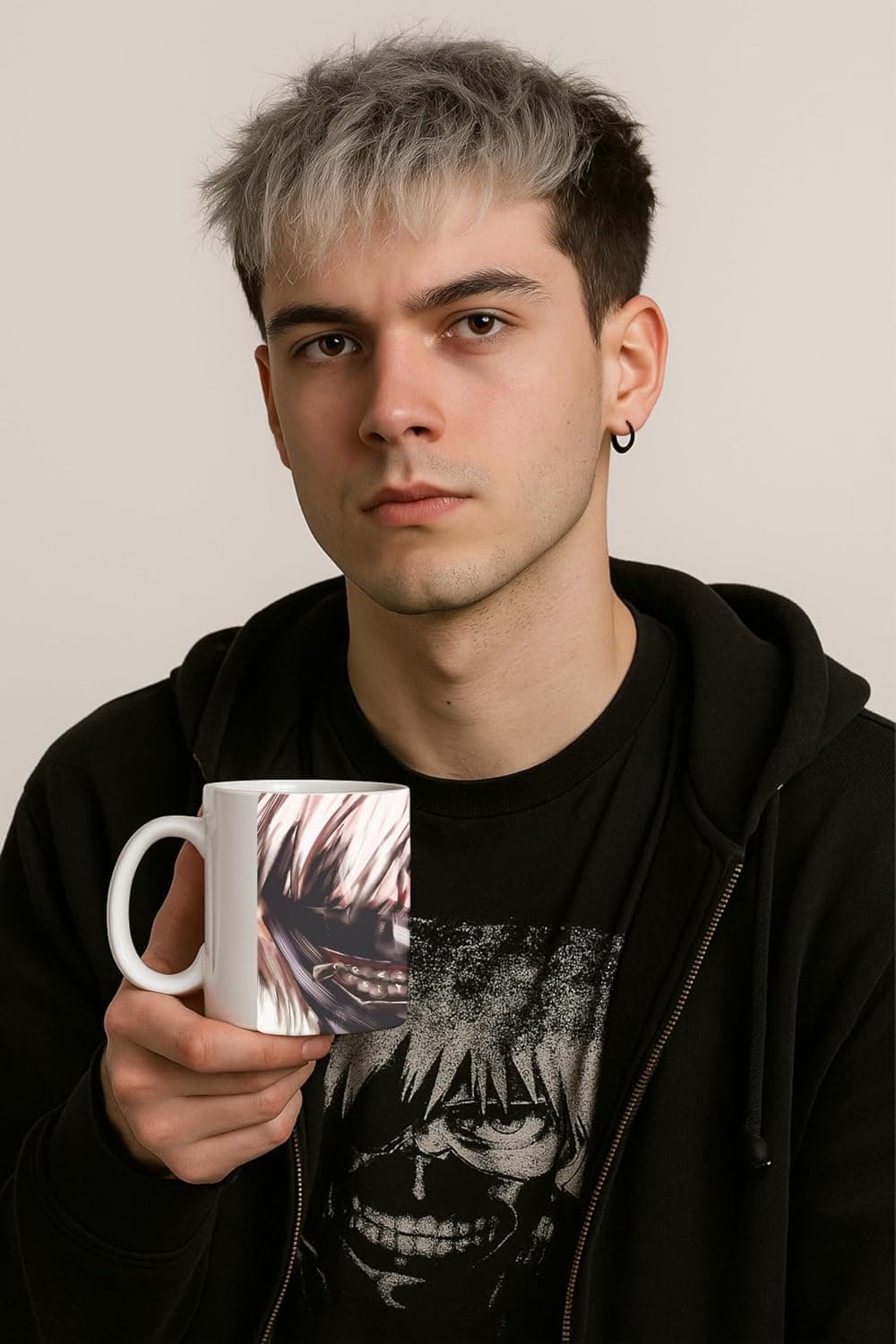 Detalle de la taza sostenida en la mano, mostrando la ilustración de Kaneki con la máscara