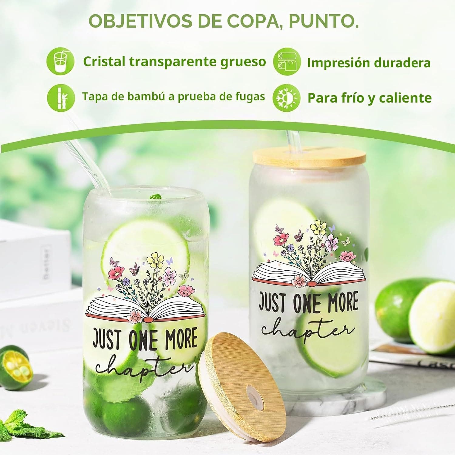 Taza de vidrio con motivo de libro y pajita, foto 3
