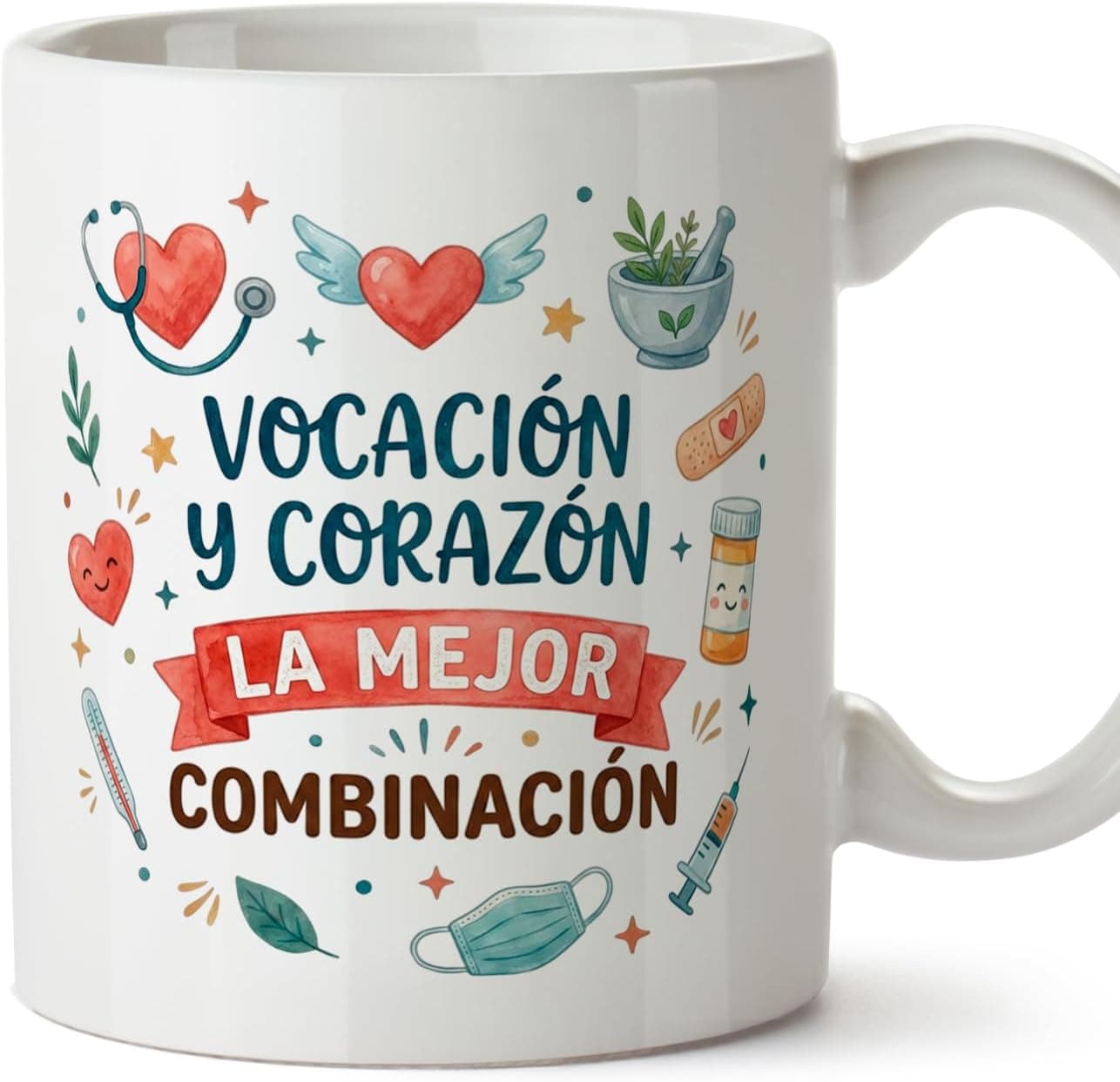 Taza de cerámica con la frase Vocación y corazón, la mejor combinación