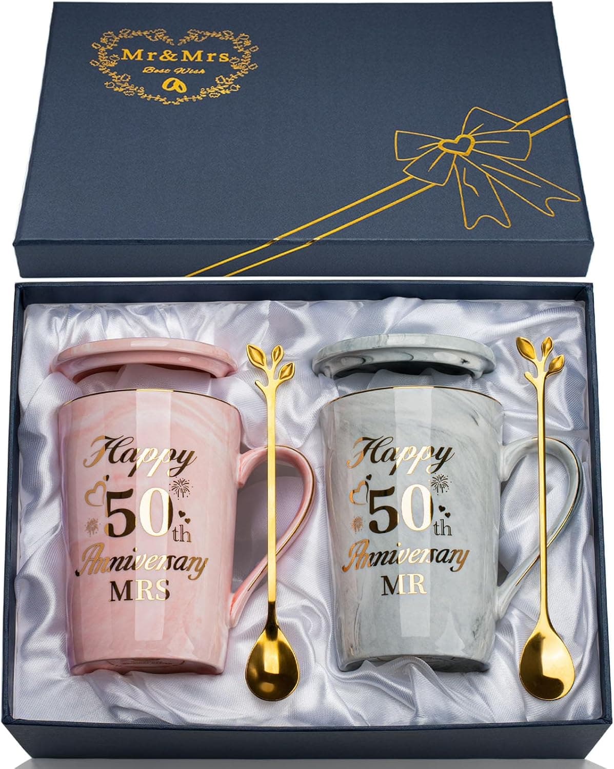 Dos tazas de cerámica jaspeada con letras doradas de 50 aniversario