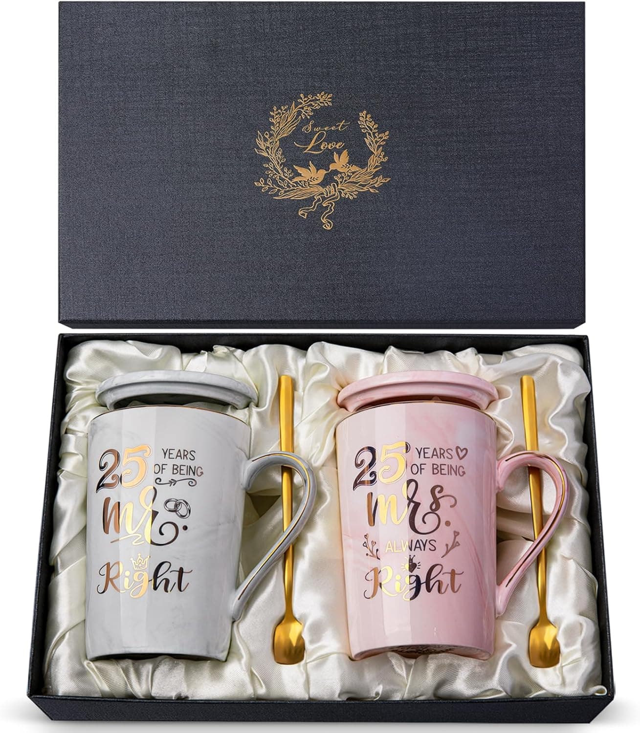 Pareja de tazas de bodas de plata con sus tapas y cucharillas