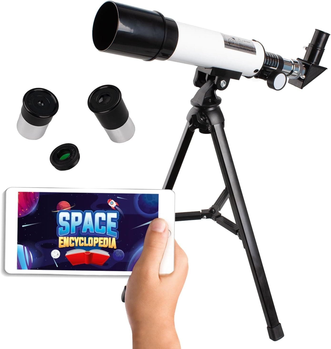 Telescopio infantil montado sobre trípode con caja y app educativa