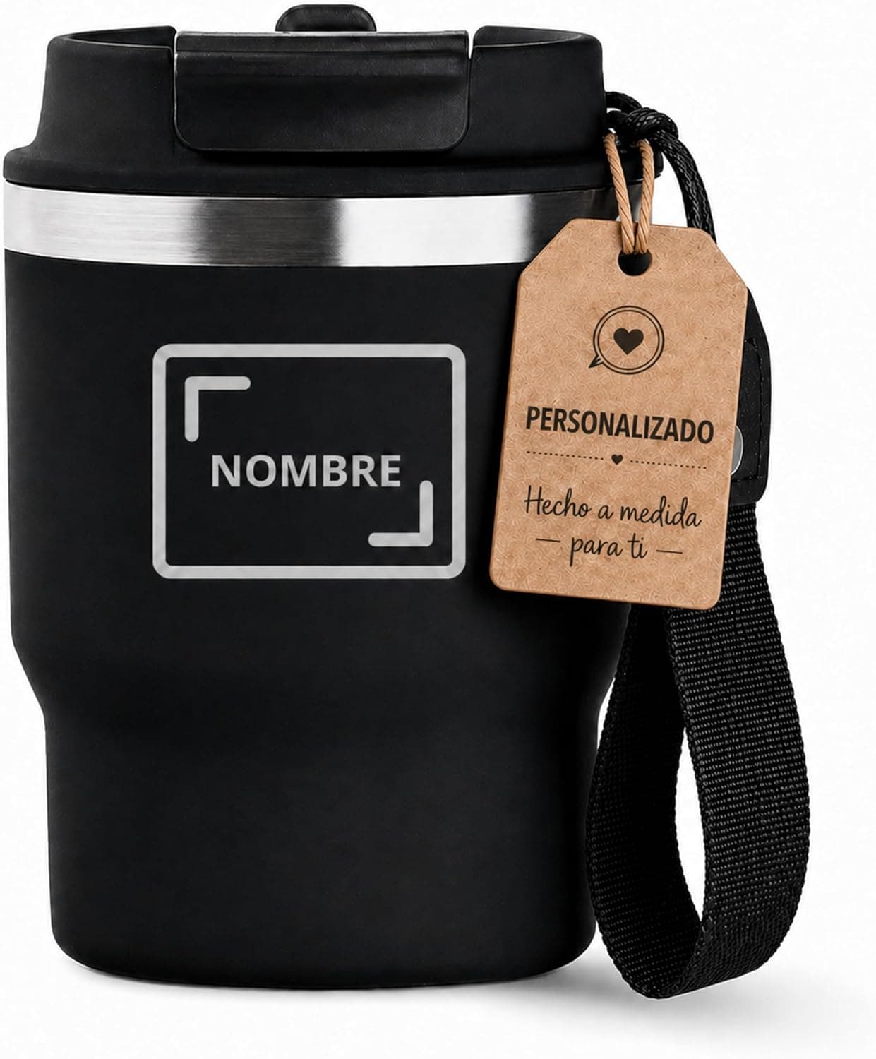 Termo de café de acero inoxidable ligero, con tapa antigoteo, sobre fondo blanco