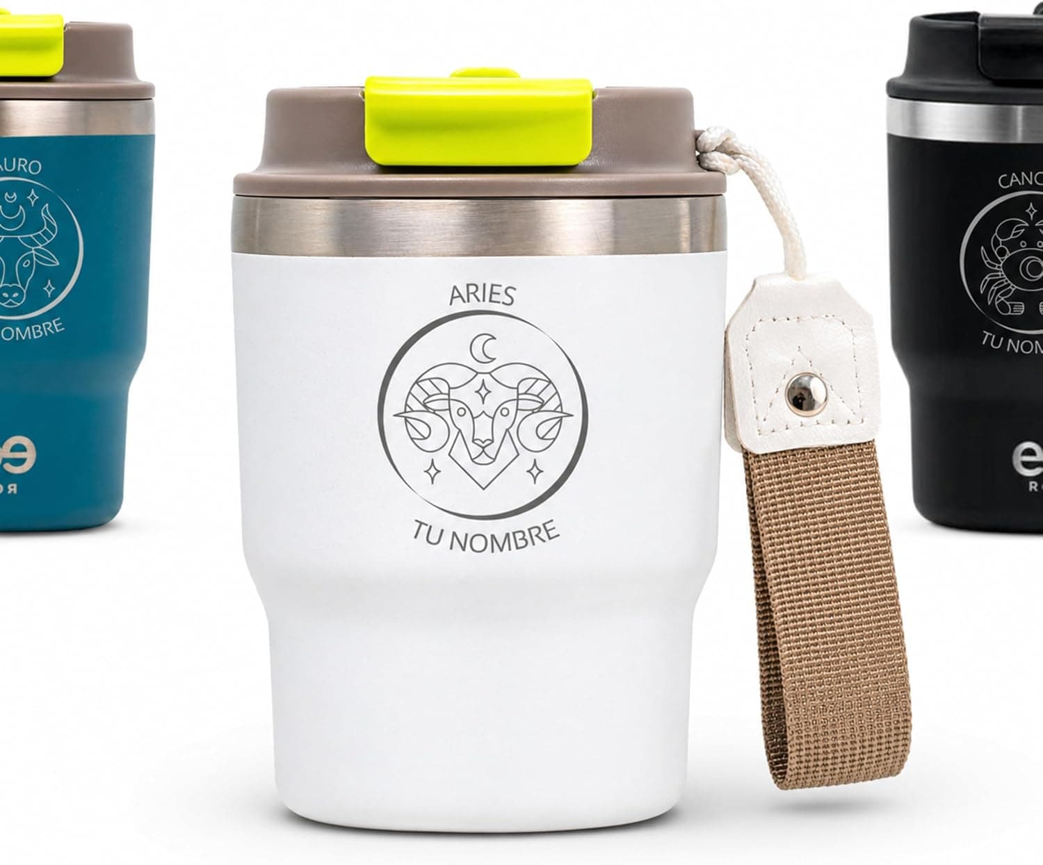 Vaso térmico blanco grabado con el símbolo de Aries y el texto "tu nombre", con tapa antigoteo y correa de mano trenzada