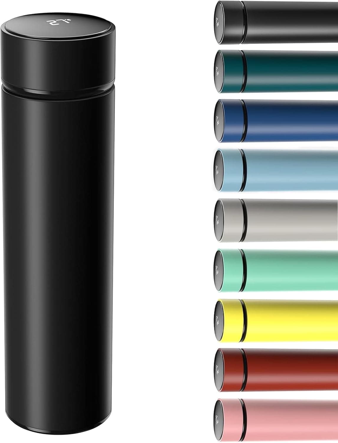 Termo de acero inoxidable con pantalla LED táctil en la tapa que muestra la temperatura del líquido