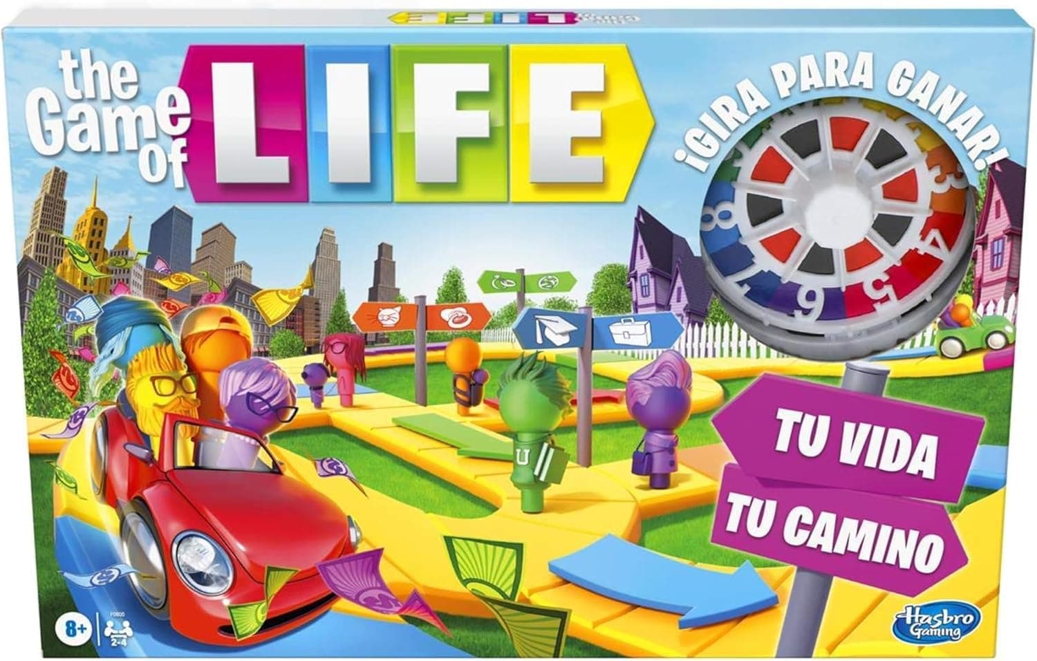 Caja de The Game of Life con el tablero y las clavijas de colores de los personajes