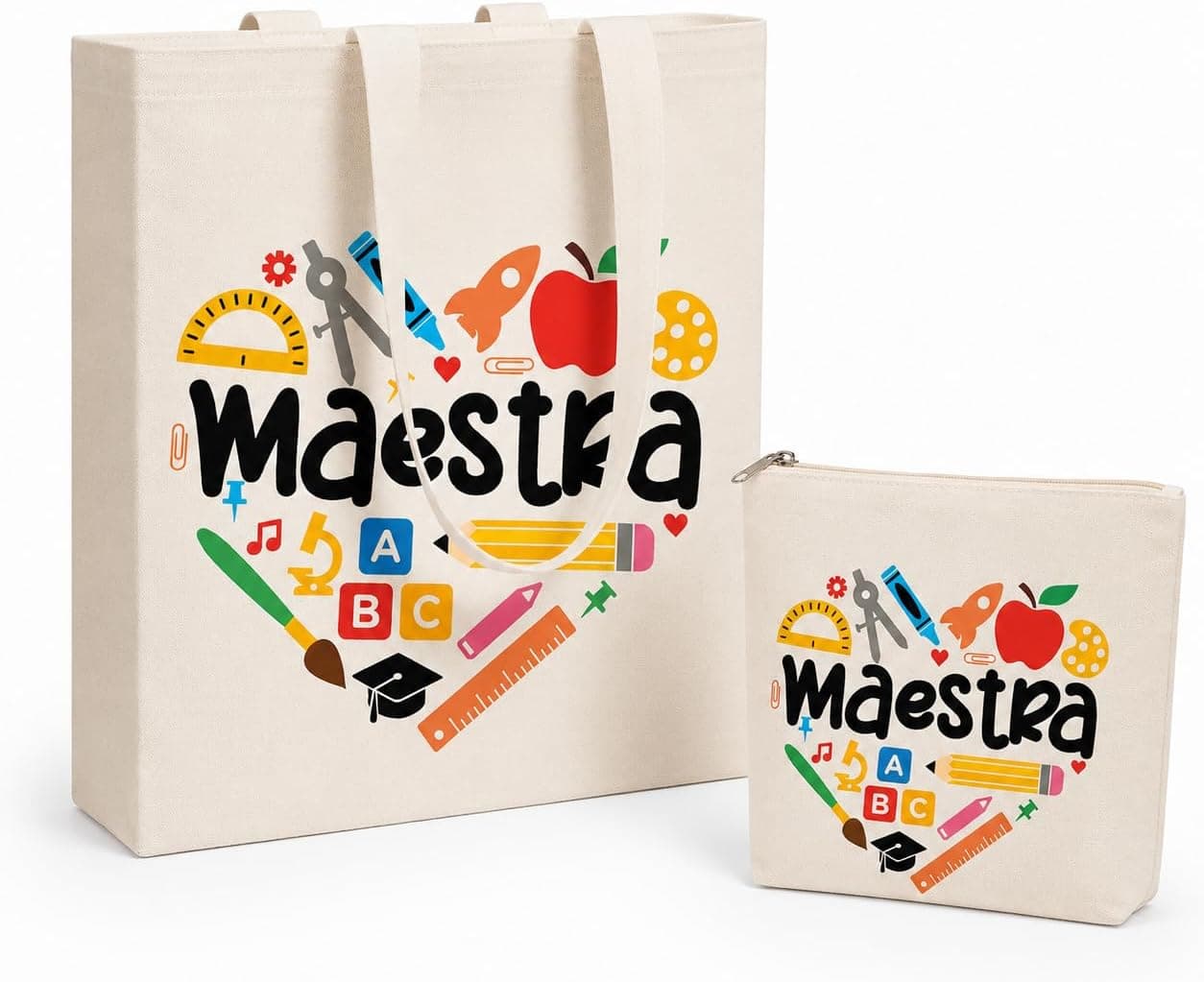 Bolsa de tela y neceser a juego con el diseño de manzana y la palabra Maestra