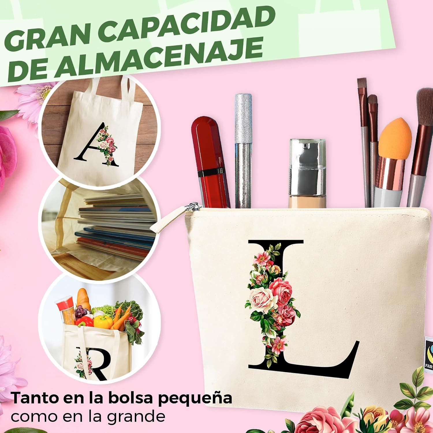 Tote bag y neceser a juego con inicial personalizada, foto 3
