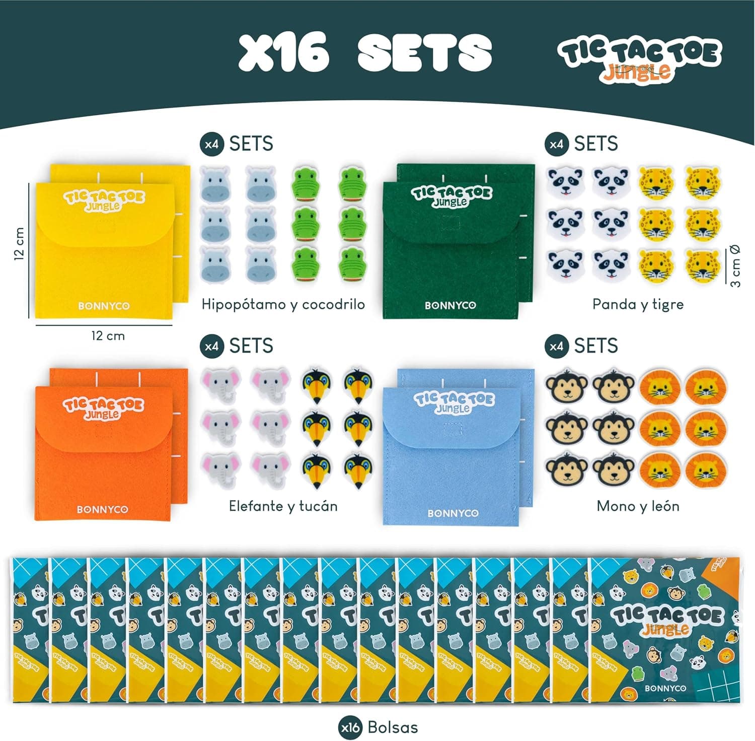 Pack de 16 tres en raya de animales para detalle de graduación infantil, foto 3