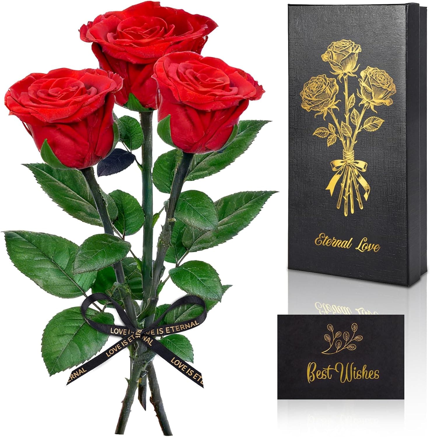 Trío de rosas eternas con tallo, presentadas juntas