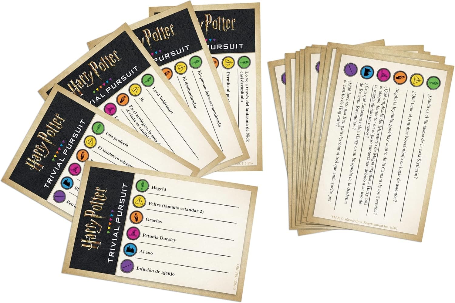 Las cartas de preguntas abiertas en abanico, con las seis categorías de colores