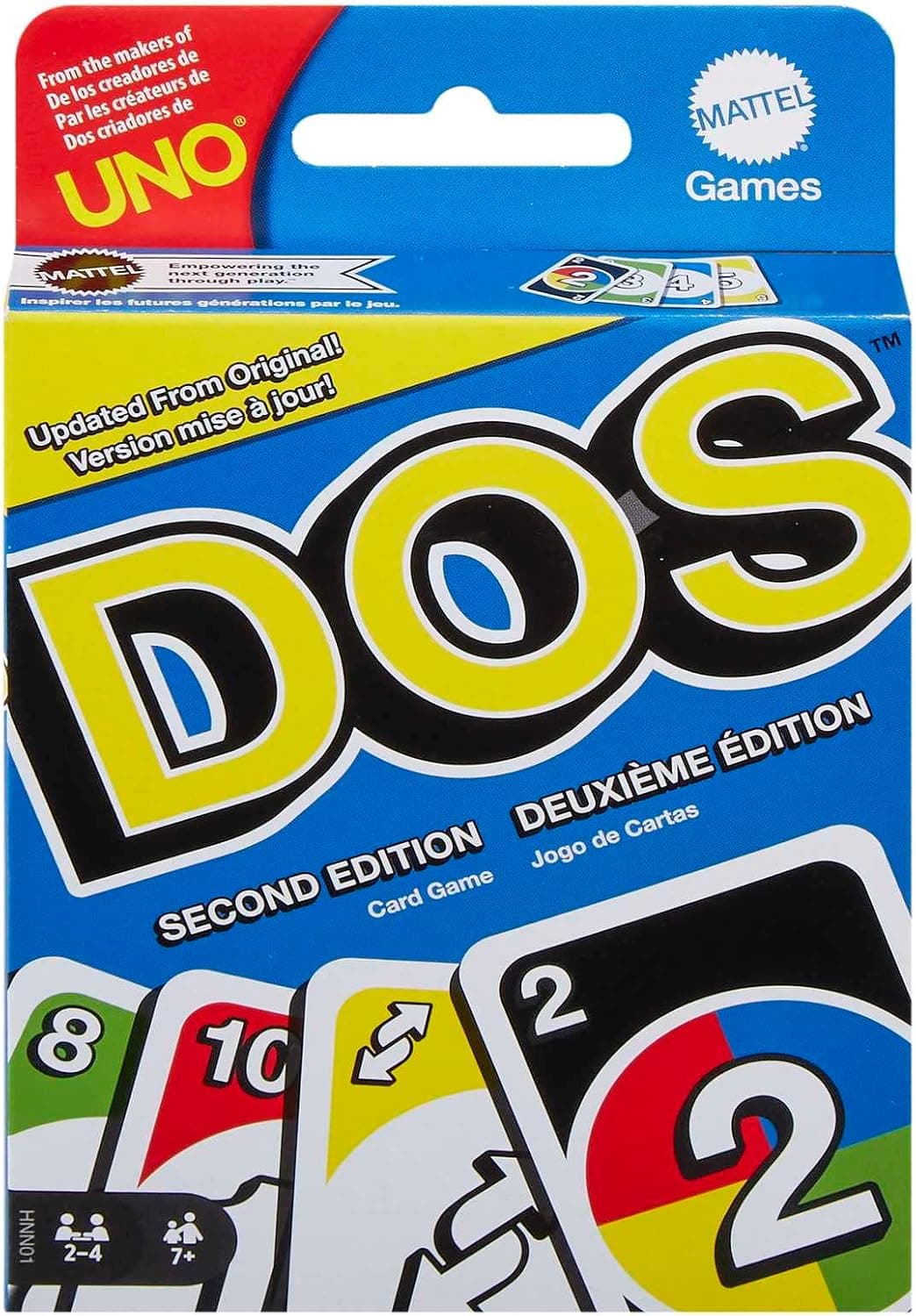Caja de Dos, Segunda Edición, de Mattel Games junto a un abanico de cartas del juego