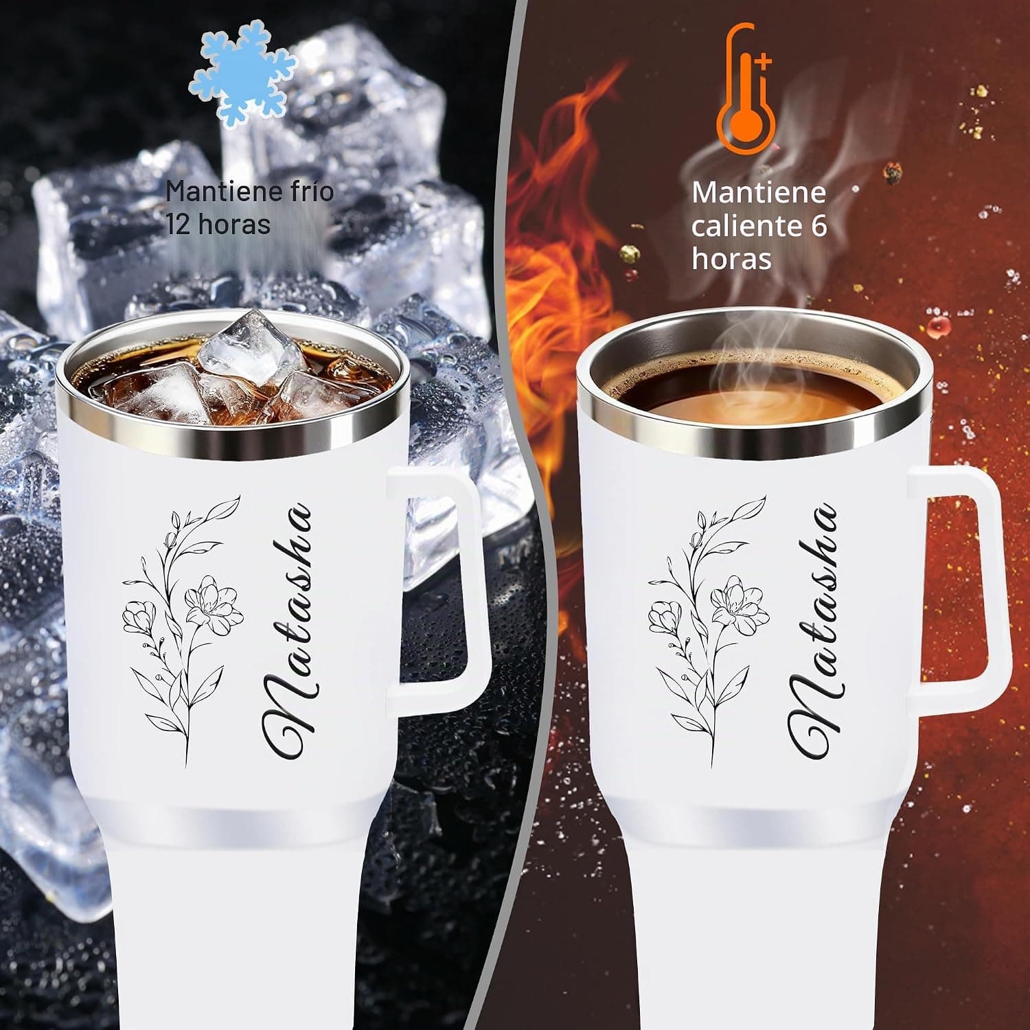 Vaso térmico de gran capacidad con pajita y asa, personalizado con nombre