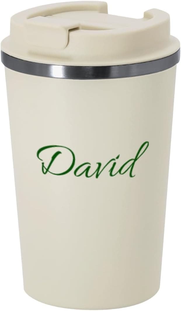 Vaso térmico beige con tapa hermética, personalizado con el nombre "David" en letra cursiva verde