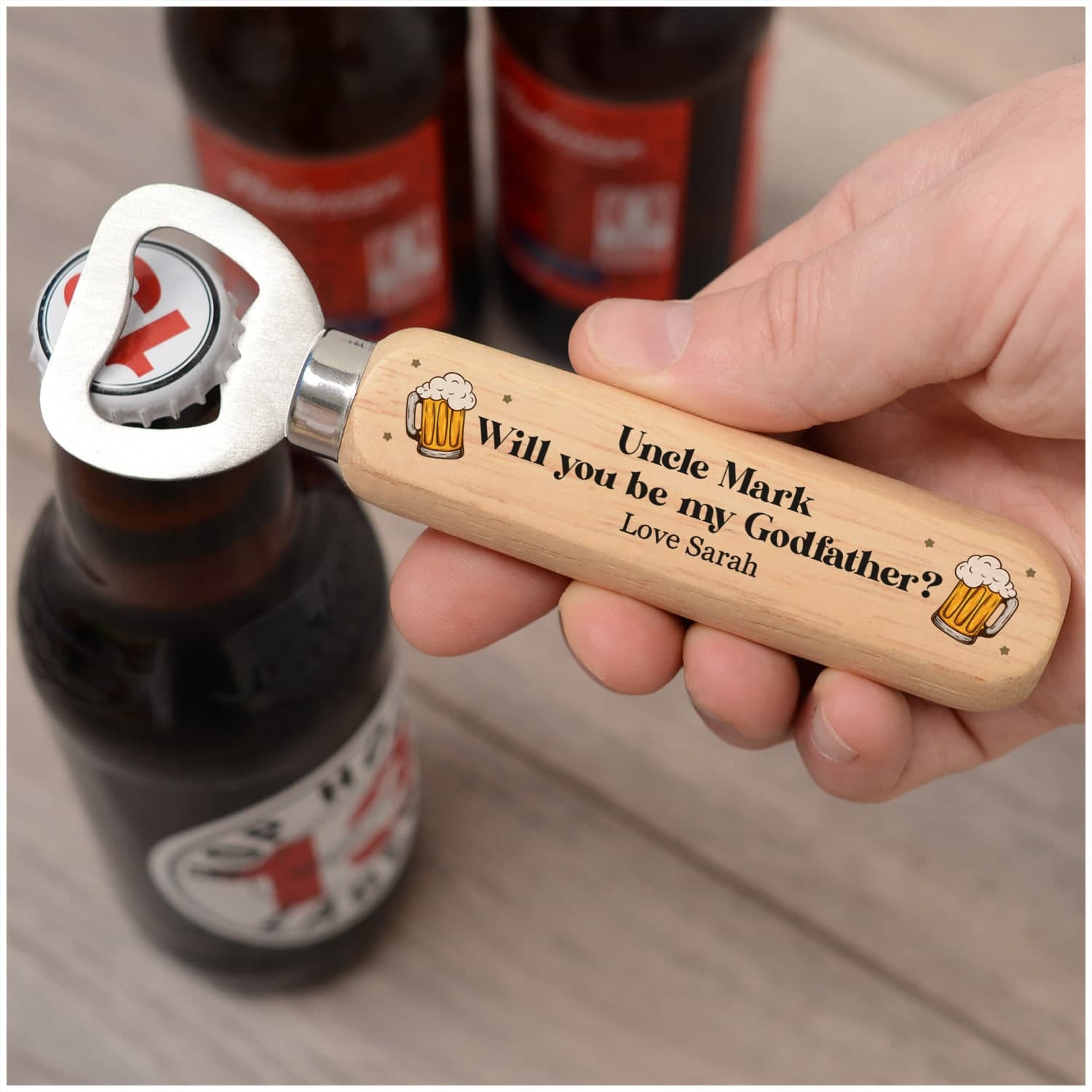 Abrebotellas de madera personalizado para padrino