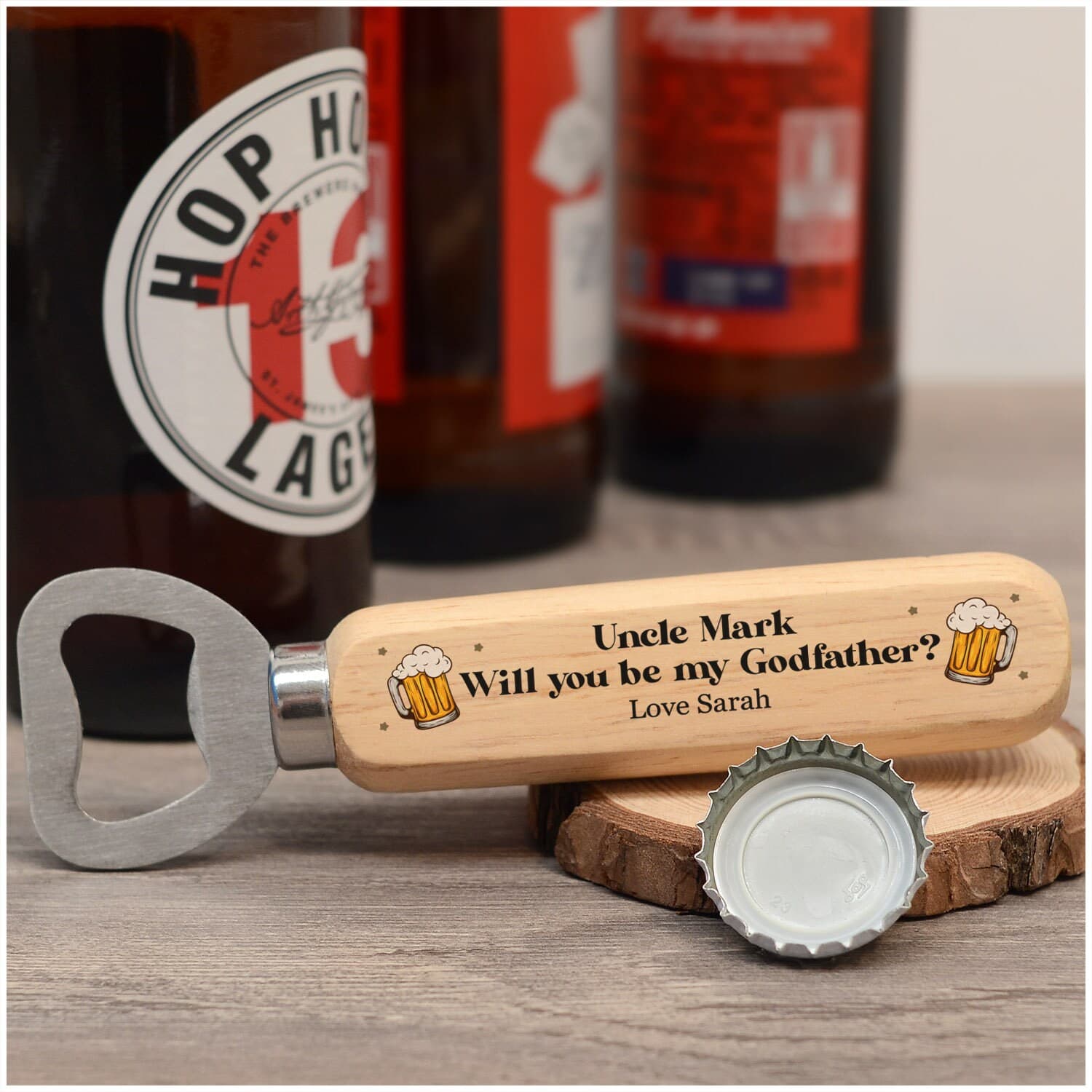 Abrebotellas de madera personalizado para padrino, foto 3