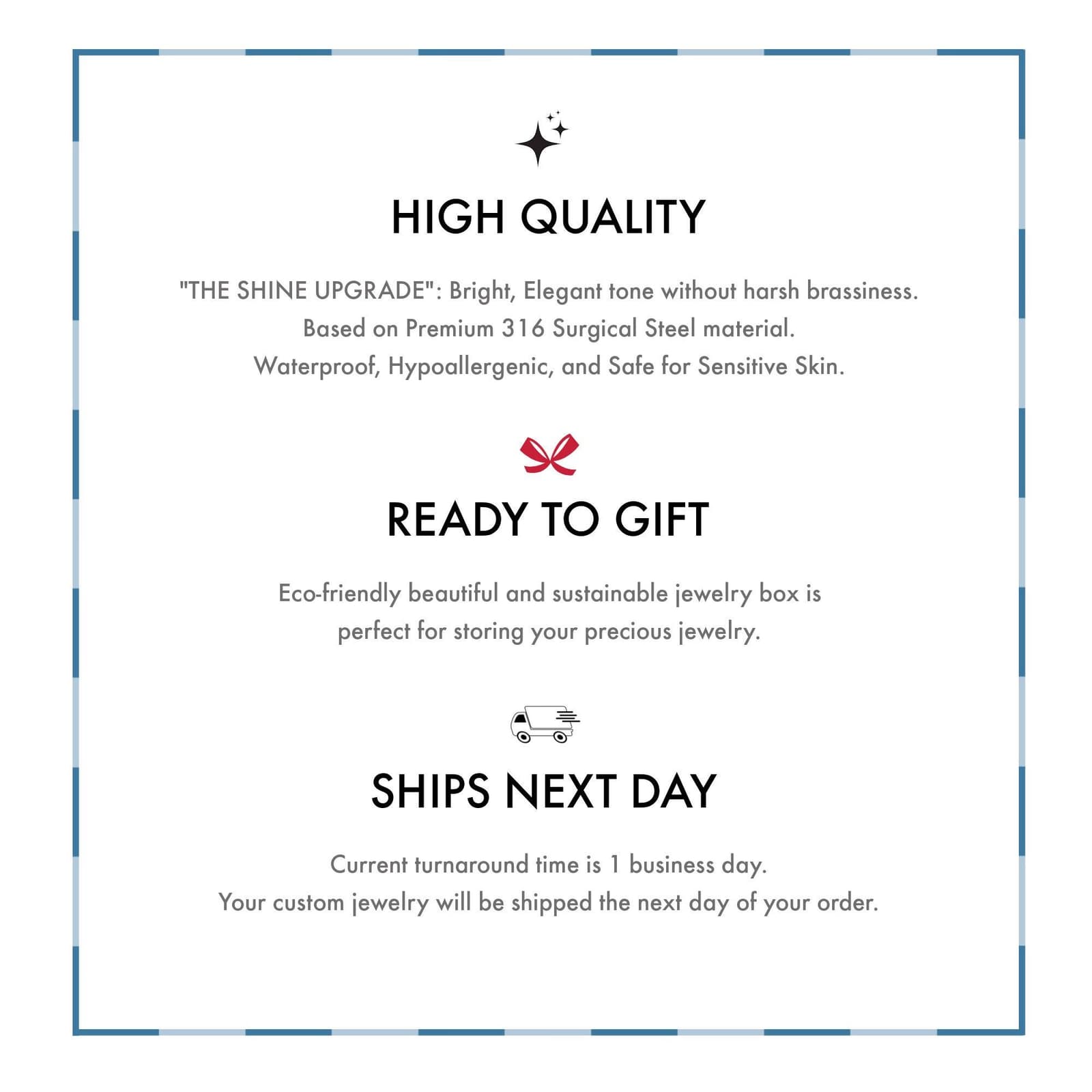text that describes the features of a product, including its high quality, readiness to gift, and shipping information.