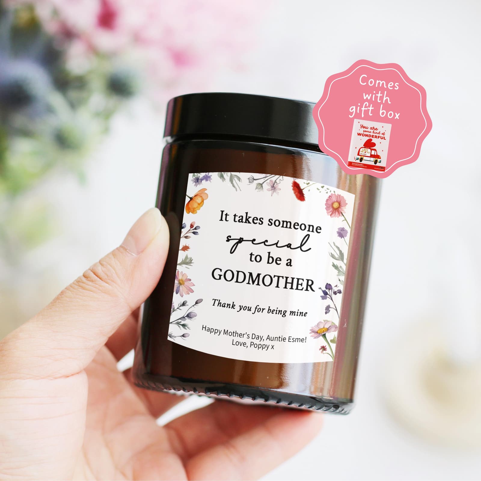 will you be my godmother candle gift: personalised candle that reads 'it takes someone special to be a godmother'. birthday gift for godmother. Christmas gift for godmother.,