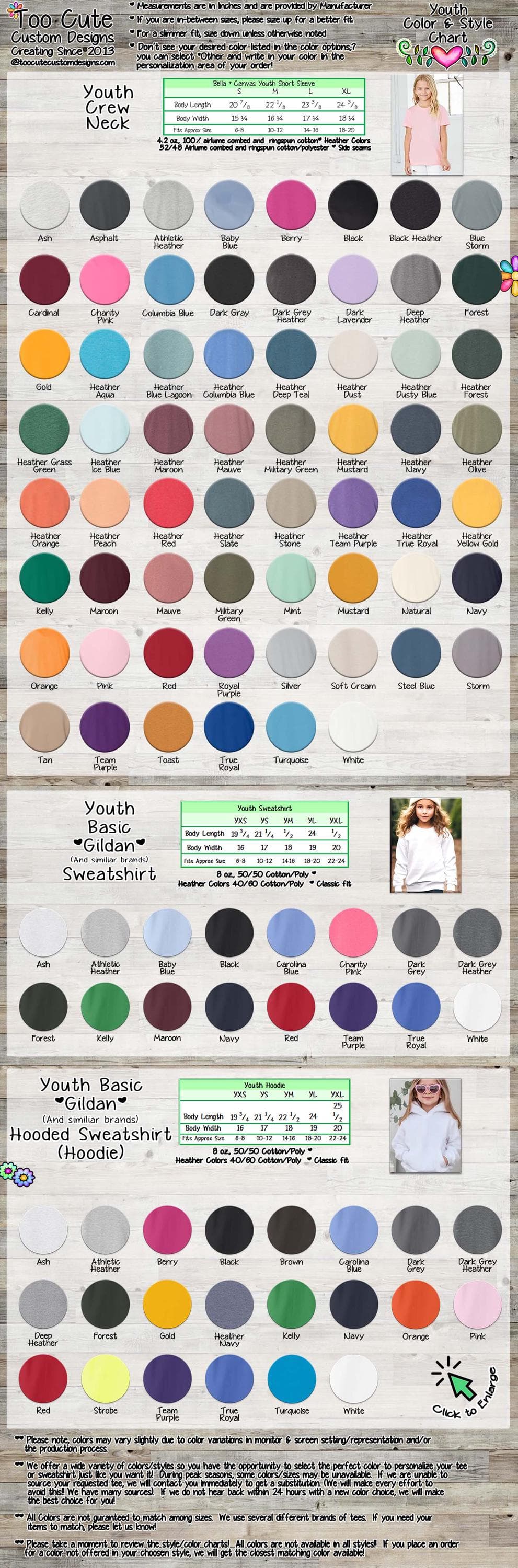 The image is a color swatch for youth clothing, including a variety of sweatshirts and hoodies in different colors and styles.
