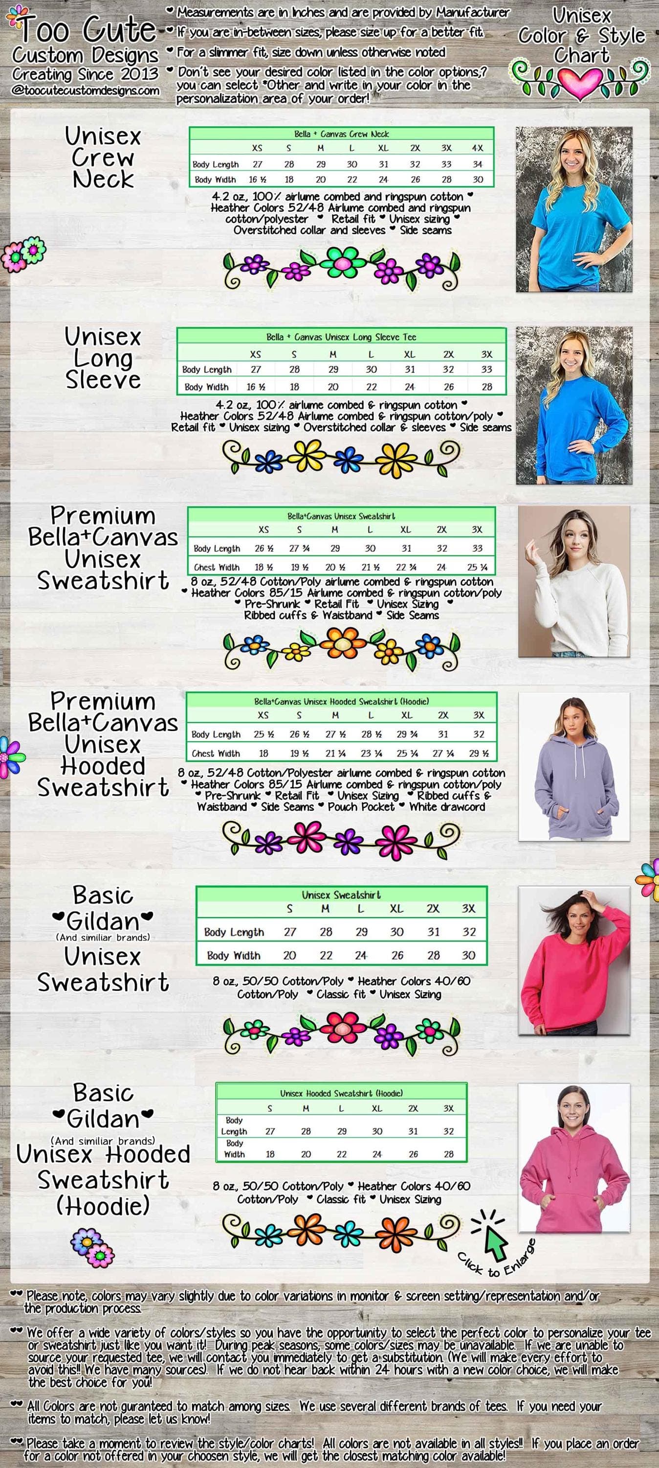The image is a detailed guide to different styles of unisex sweatshirts, including sizes, neck, and sleeve styles. It provides a visual representation of the various options available, along with corresponding images of models wearing them. The guide is designed to help customers choose the most suitable unisex sweatshirt based on their preferences and body type.
