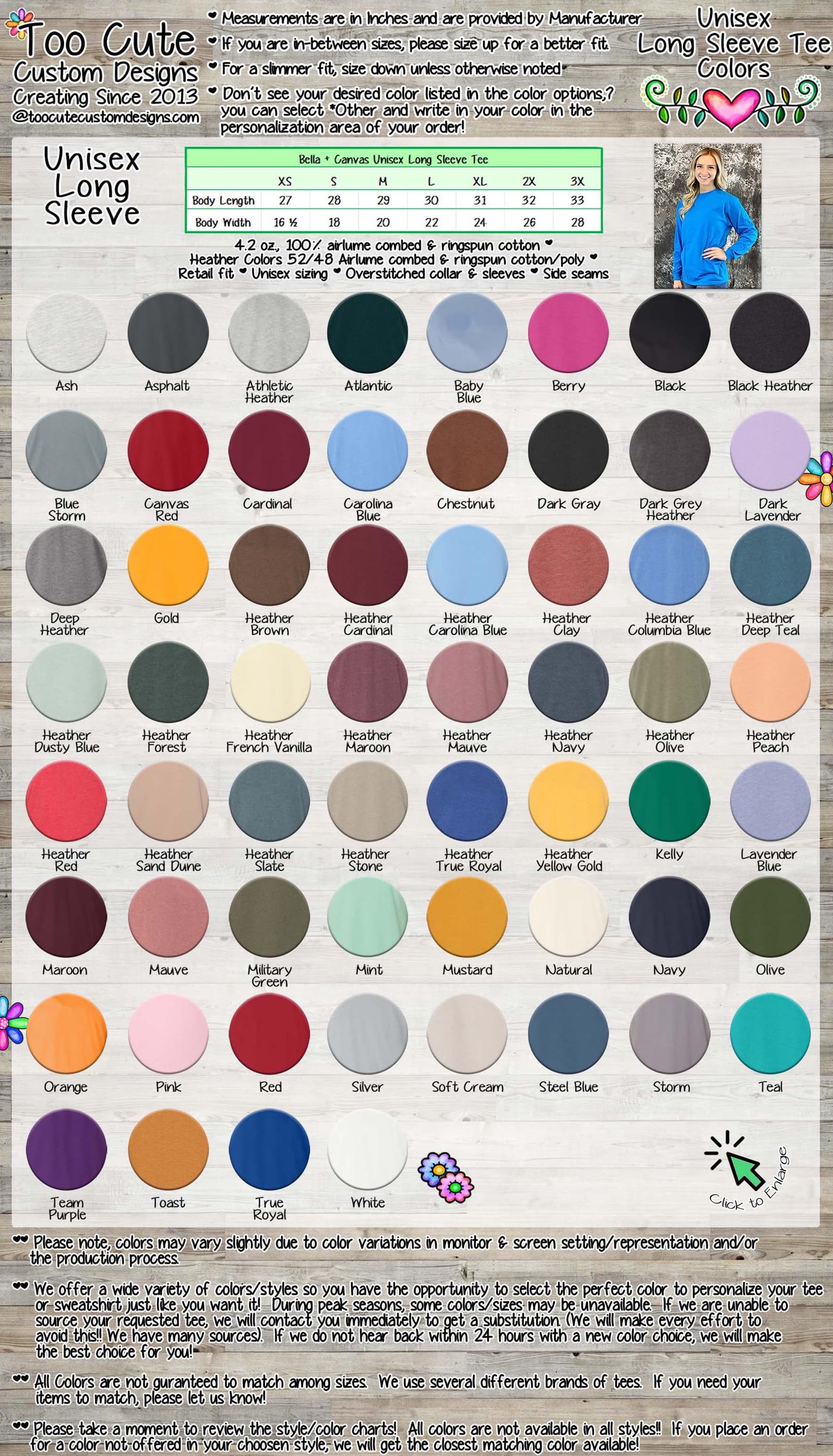The image is a collage of various color swatches for a long sleeve t-shirt, providing a range of colors and patterns for customers to choose from.