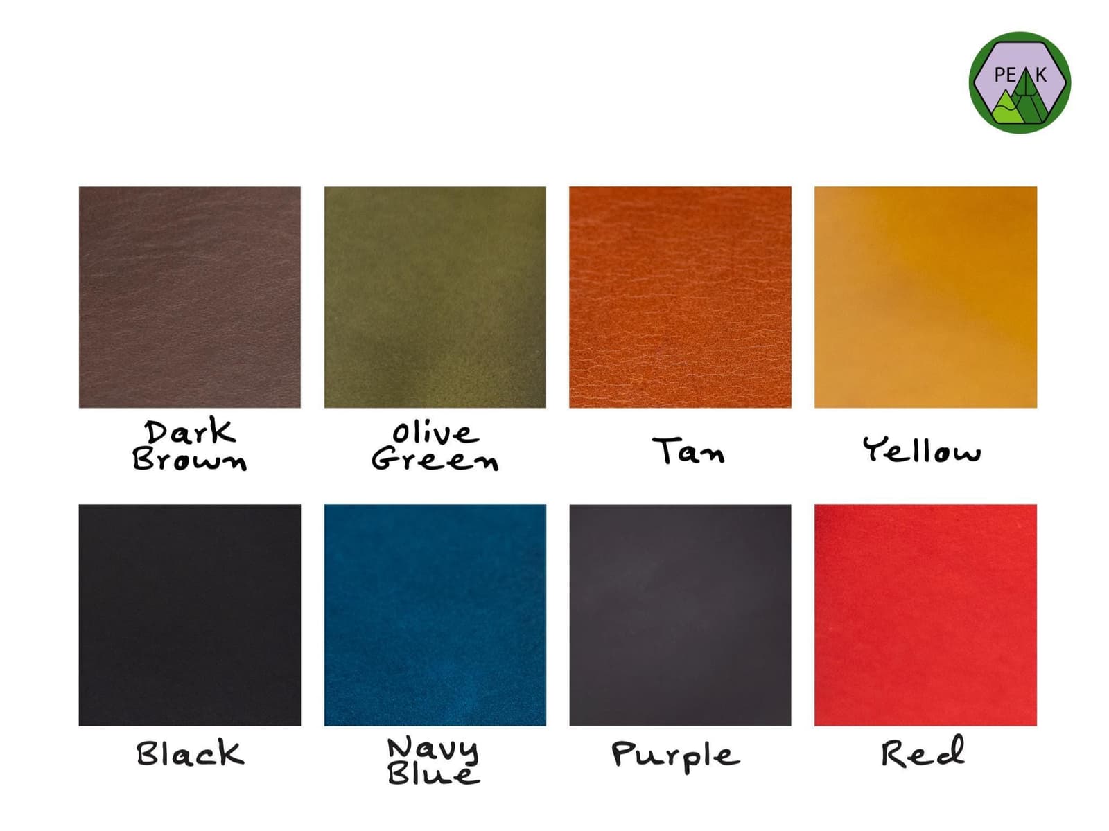 Leather colours available include dark brown, olive green, tan, yellow, black,, navy blue, purple and red