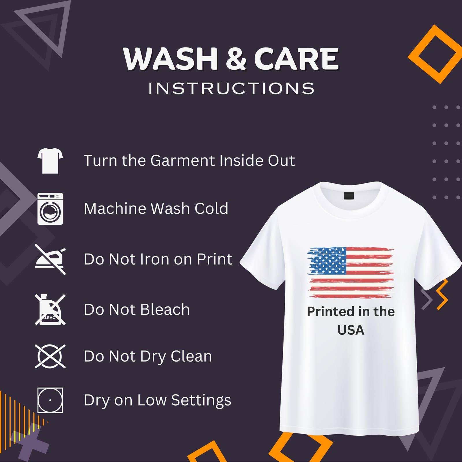 a t - shirt with instructions to wash and care instructions